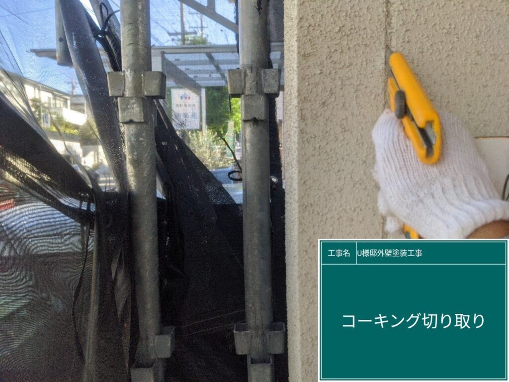 古いコーキングを切り取ります。